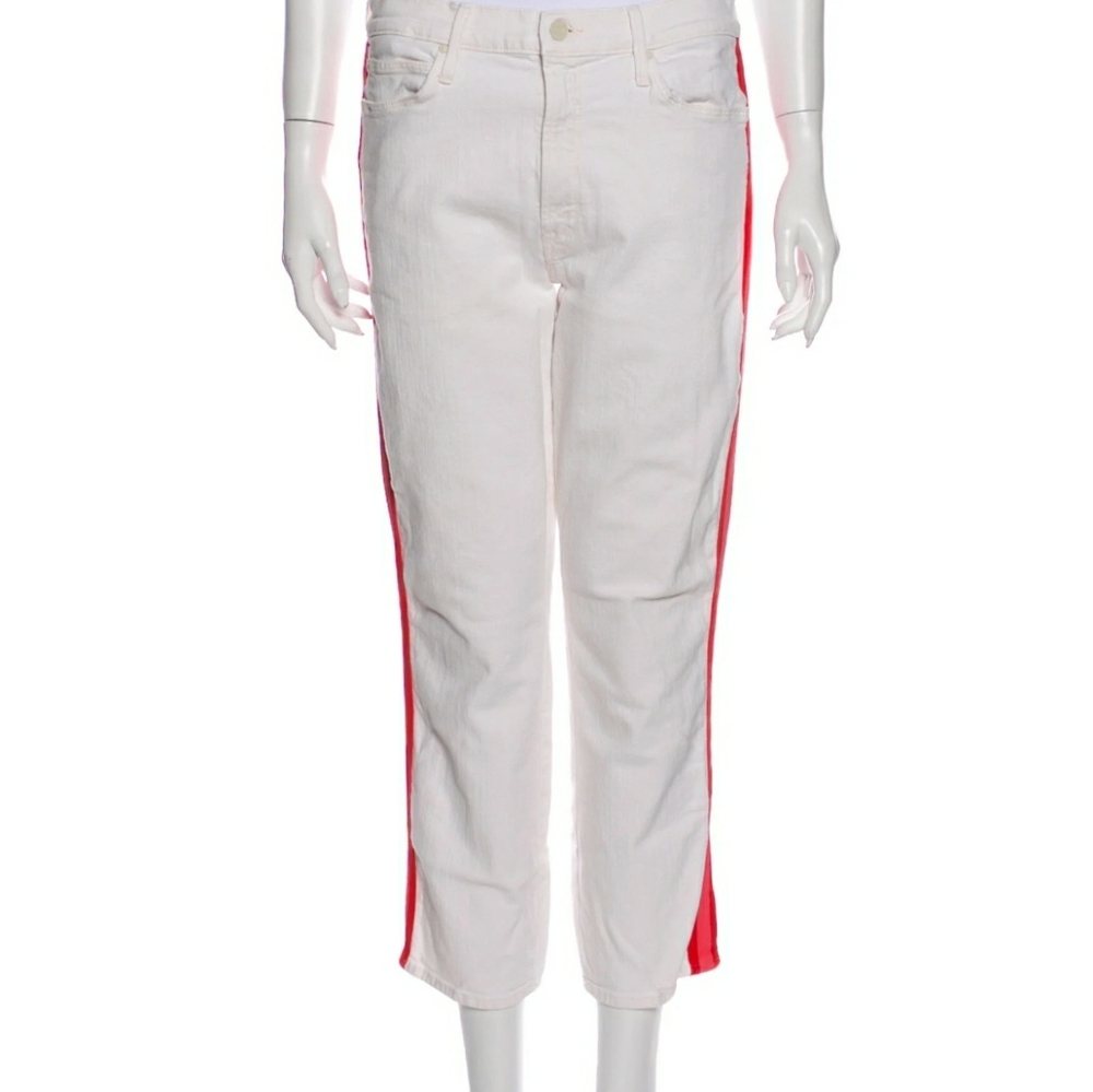 MOTHER Cropped Jeans in White with Red Accent - Picture 3 of 15